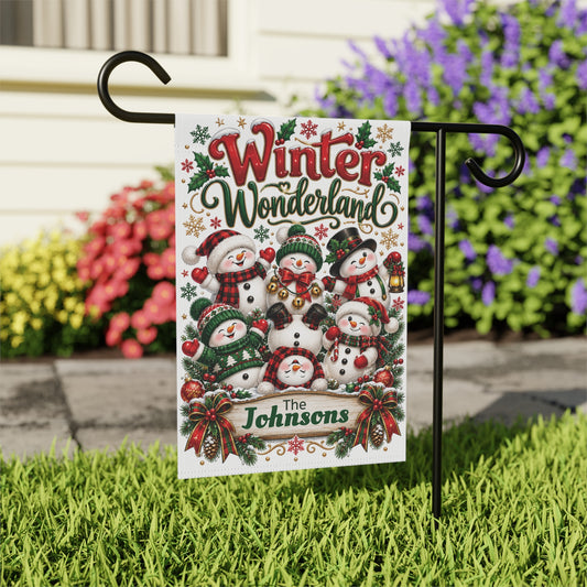 Personalized Christmas Garden Flag, Winter Wonderland Snowman Family Flag