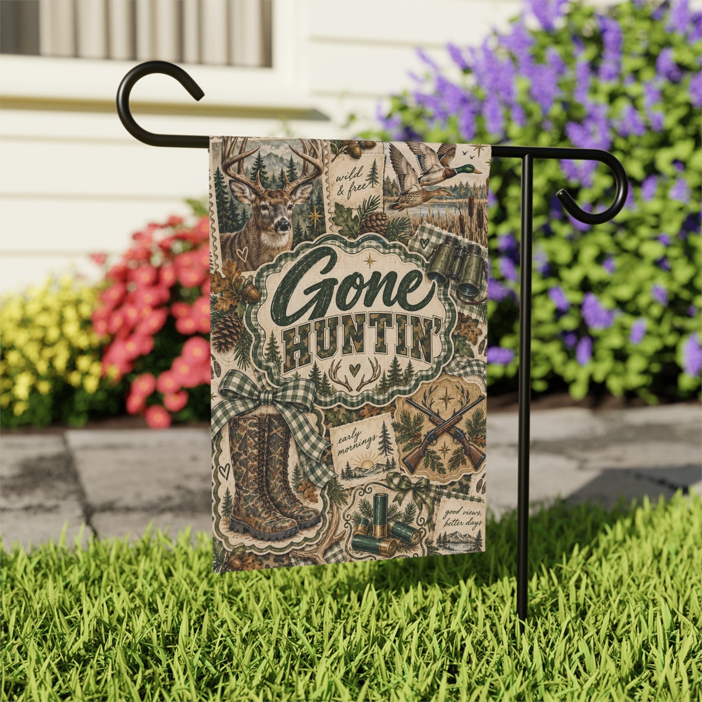 Gone Huntin Garden Flag, Hunting Gift for Men and Women, Deer Duck Outdoor Decor, Fall Garden Flag, 12x18 Yard Flag