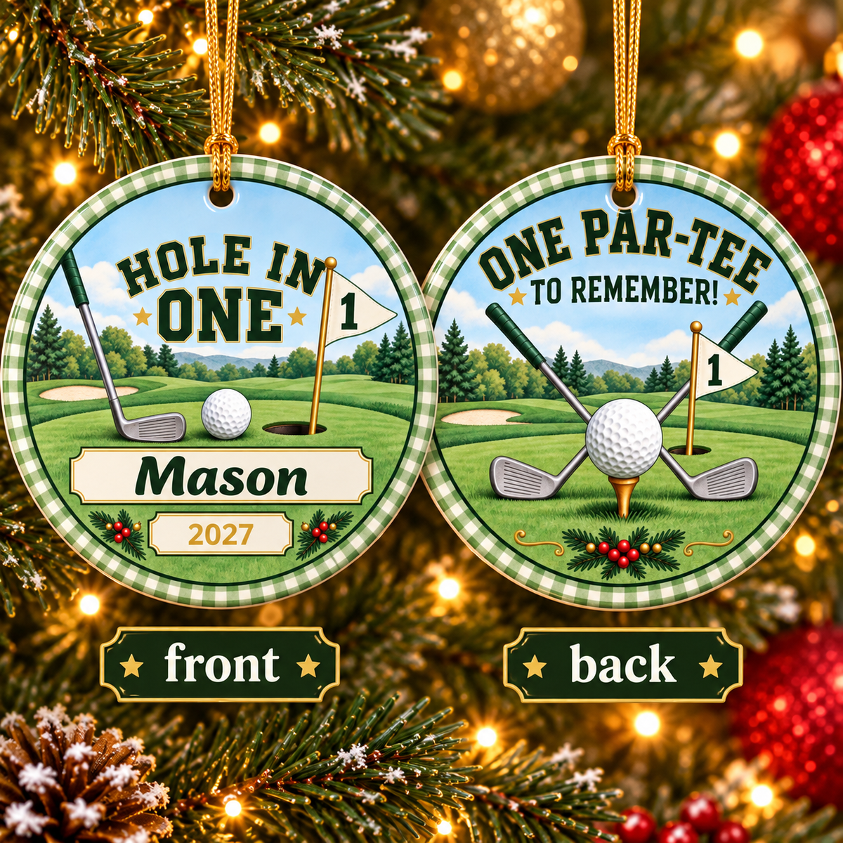 Personalized Hole In One Ornament, First Birthday Golf Christmas Ornament, One Par-Tee Baby Boy Keepsake, Name Year Ornament