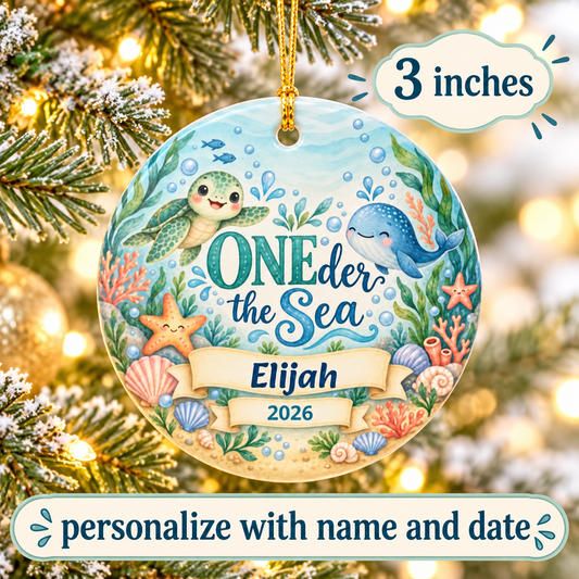 Personalized Oneder the Sea First Birthday Ornament, Ocean Animal Christmas Keepsake, Custom Name and Year Gift