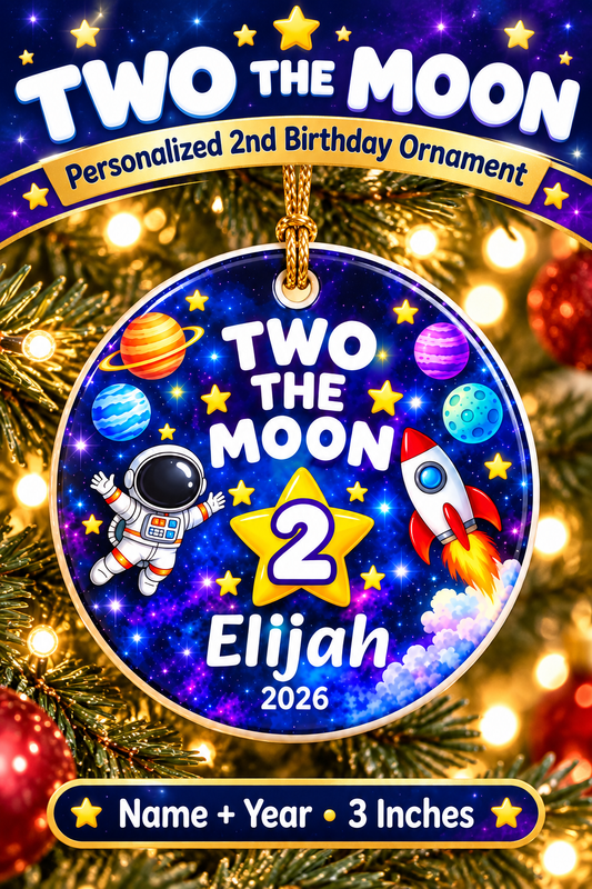 Personalized Two the Moon Christmas Ornament, Second Birthday Space Keepsake, Custom Name and Year Gift
