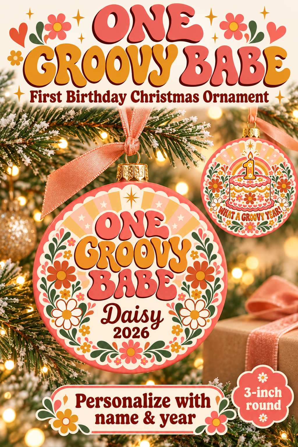 Personalized One Groovy Babe Christmas Ornament, First Birthday Keepsake, Retro Daisy Ornament, Custom Name and Year Gift
