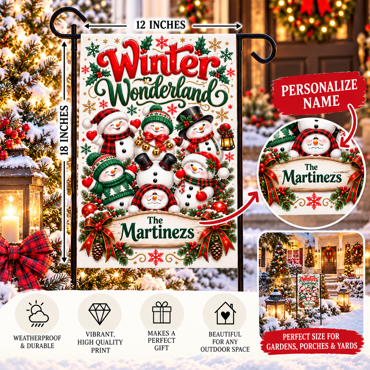 Personalized Christmas Garden Flag, Winter Wonderland Snowman Family Flag
