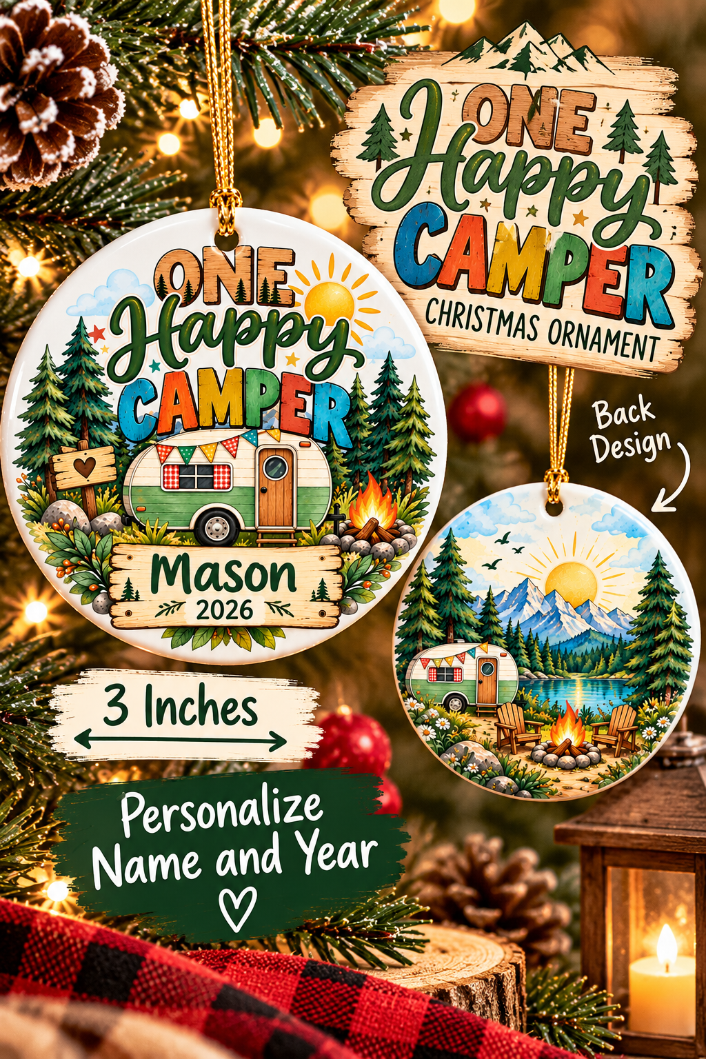 One Happy Camper Ornament, Personalized First Birthday Christmas Ornament, Camping Birthday Keepsake, Custom Name Year Gift