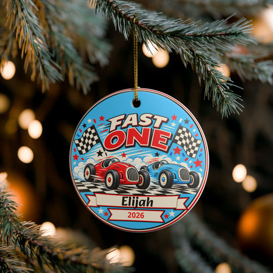 Personalized Fast One Race Car Ornament, First Birthday Keepsake, Custom Name and Date Christmas Ornament, Racing Birthday