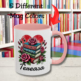 Books over People Book Stack with Roses Personalized Mug