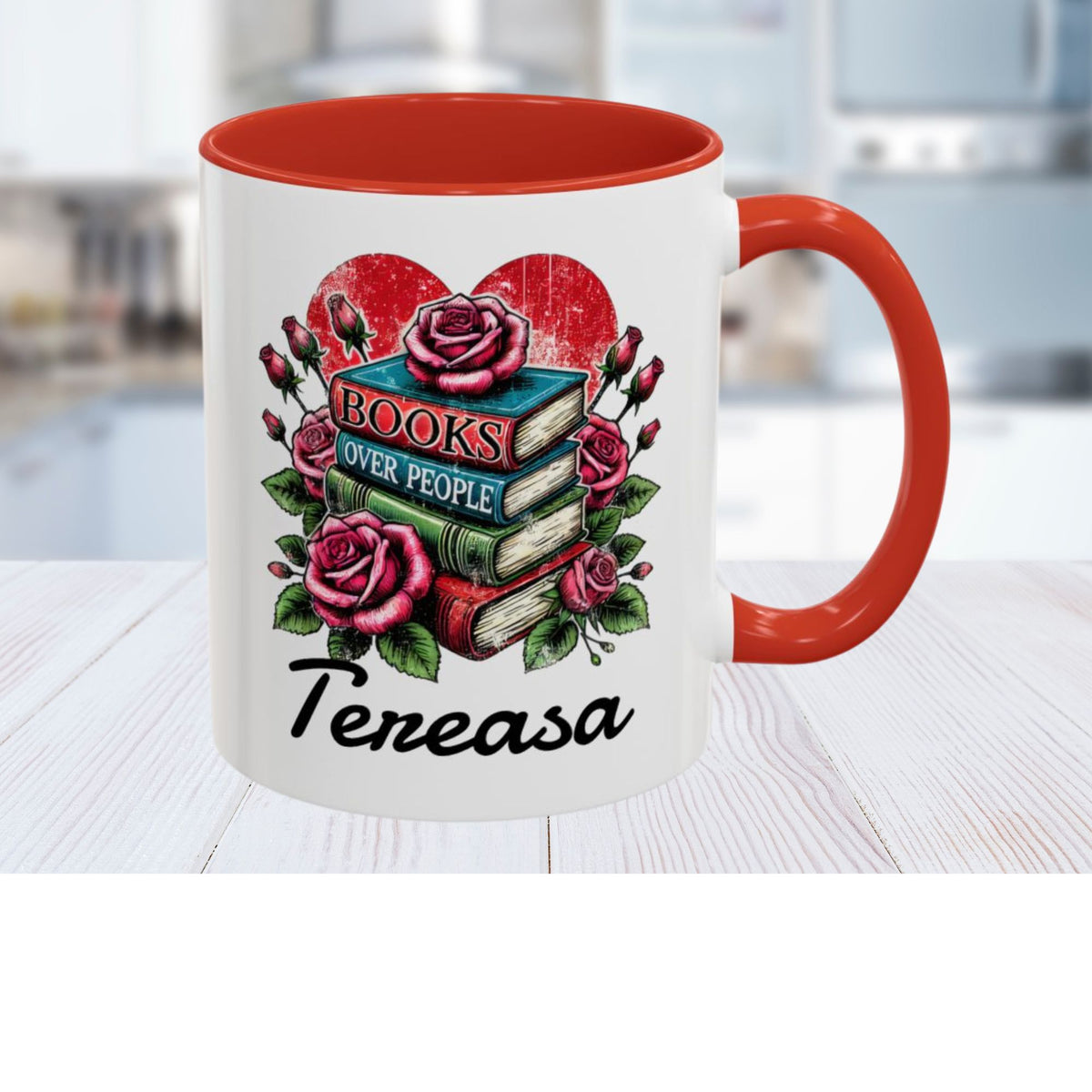 Books over People Book Stack with Roses Personalized Mug