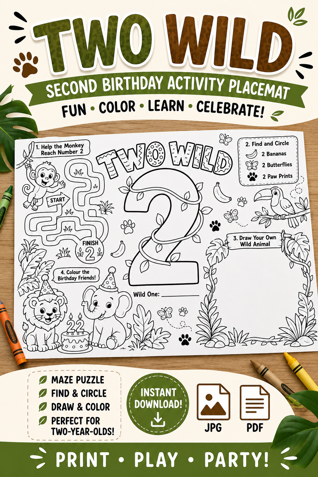 Make your little one’s second birthday TWO WILD with this printable jungle activity placemat! 🦁🌿 Perfect for safari and wild animal birthday parties, it includes a monkey maze, find-and-circle game, drawing prompt, coloring activities, and a giant number 2. Just download, print, add crayons, and keep little guests happily entertained at the party table. Available in JPG and PDF format for easy printing.
#TwoWildBirthday #SecondBirthday #2ndBirthdayParty #JungleBirthday #SafariBirthday #BirthdayPrintable