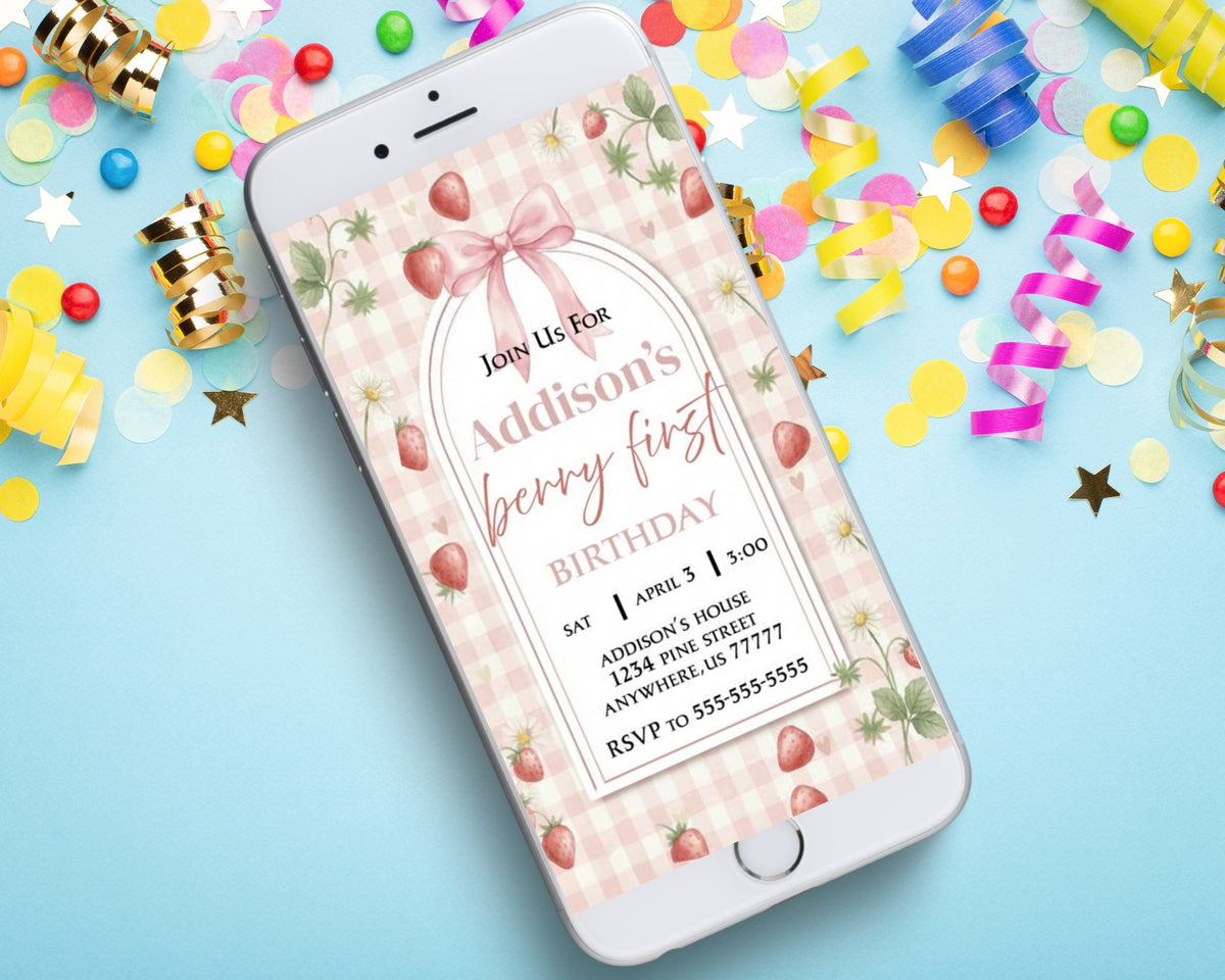 Berry First Birthday Invitation Canva Template