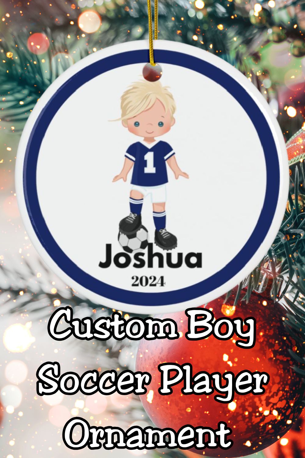 Blue Boy Soccer Player Custom Name Christmas Ornament