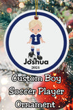 Blue Boy Soccer Player Custom Name Christmas Ornament