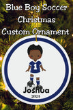 Blue Boy Soccer Player Custom Name Christmas Ornament