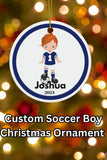 Blue Boy Soccer Player Custom Name Christmas Ornament