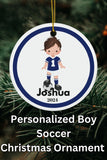 Blue Boy Soccer Player Custom Name Christmas Ornament