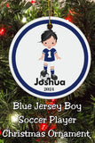 Blue Boy Soccer Player Custom Name Christmas Ornament