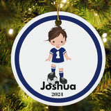 Blue Boy Soccer Player Custom Name Christmas Ornament