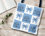 Book line art flower tote with blue toile coquette bow 9 grid