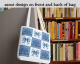 Book line art flower tote with blue toile coquette bow 9 grid