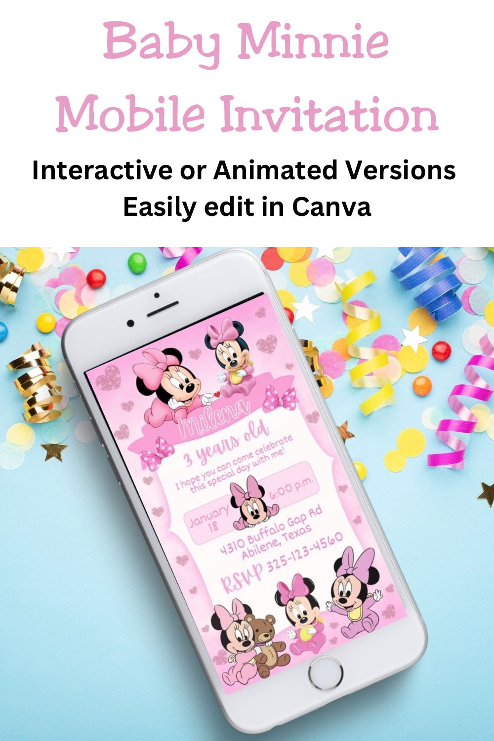 🎀✨ **Cute Baby Minnie Mouse Invitation** ✨🎀
Celebrate your little one’s special day with this **adorable Minnie Mouse-themed digital invite**! 🐭💖 Easy to customize in **Canva**, with options to edit party details & instantly send. 🎉 Perfect for baby showers, birthdays, and more! 💌
#BabyMinnieMouse #DigitalInvite #BabyShower #MinnieMouseParty #CanvaTemplate