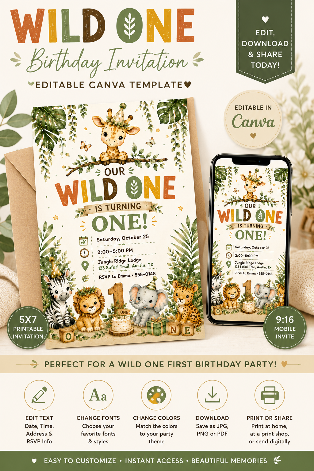 Wild One first birthday party planning just got easier! 🦒🌿 This adorable safari birthday invitation is an editable Canva template featuring sweet watercolor jungle animals, earthy colors, and both a 5x7 printable invite and a 9:16 mobile version. Easily personalize the date, time, address, and RSVP details, then download, print, or share digitally.
Perfect for Wild One birthdays, safari parties, jungle themes, zoo birthdays, and gender-neutral first birthday celebrations.
#WildOneBirthday #SafariBirthda