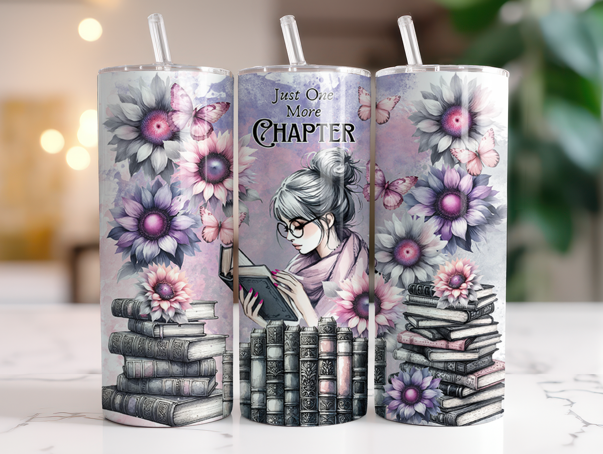 Just One More Chapter with Purple Flowers 20 ounce Stainless Steel Tumbler *653