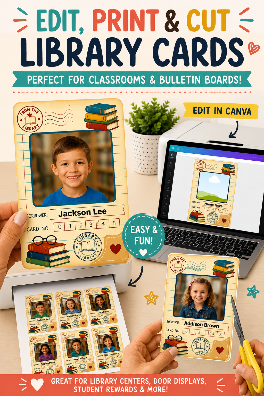 Editable Library Card Student Photo Frame Canva Template