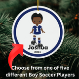Blue Boy Soccer Player Custom Name Christmas Ornament