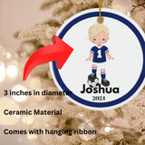 Blue Boy Soccer Player Custom Name Christmas Ornament