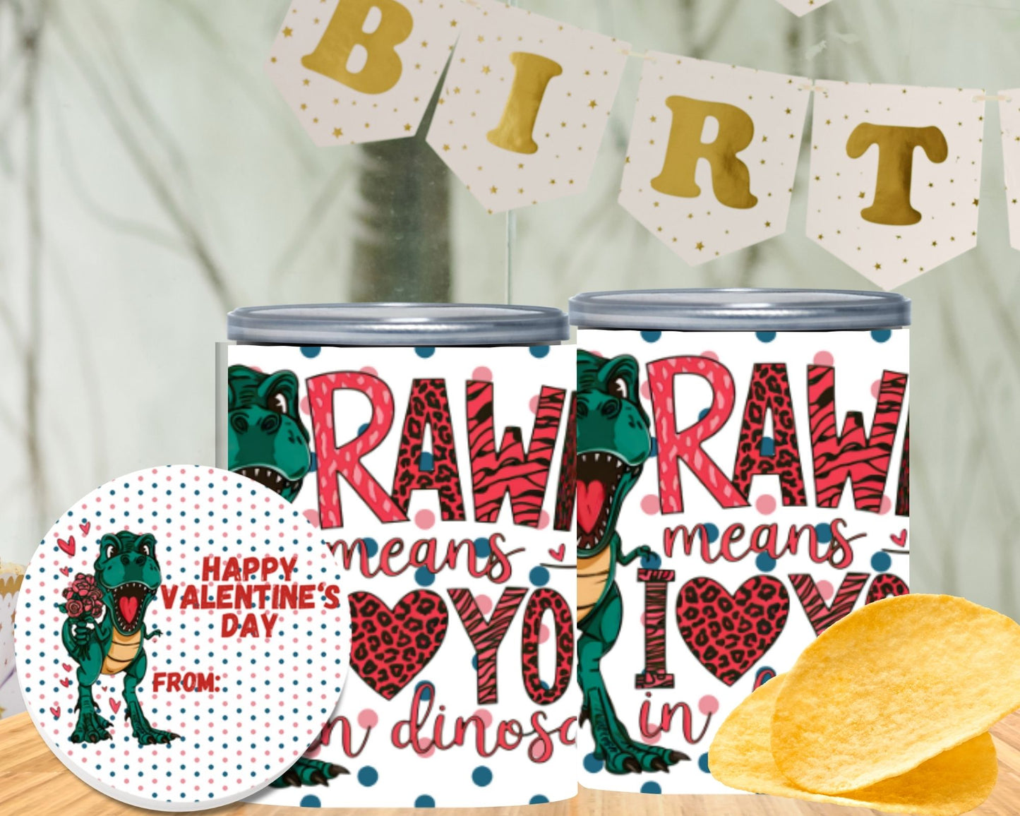 Dinosaur Valentine Pringles Label & Lid Printable