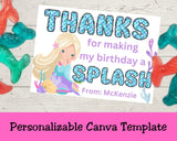 Custom Mermaid Thank You Personalizable Bag Topper Tag Canva Template Printable