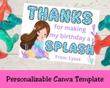 Custom Mermaid Thank You Personalizable Bag Topper Tag Canva Template Printable