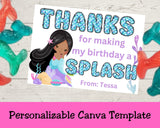Custom Mermaid Thank You Personalizable Bag Topper Tag Canva Template Printable
