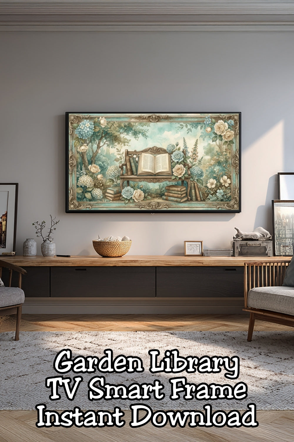 For the girls who romanticize reading 🌿 This frame TV art turns your screen into a soft garden library scene—perfect for cozy homes, book lovers, and cottagecore decor.