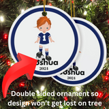 Blue Boy Soccer Player Custom Name Christmas Ornament