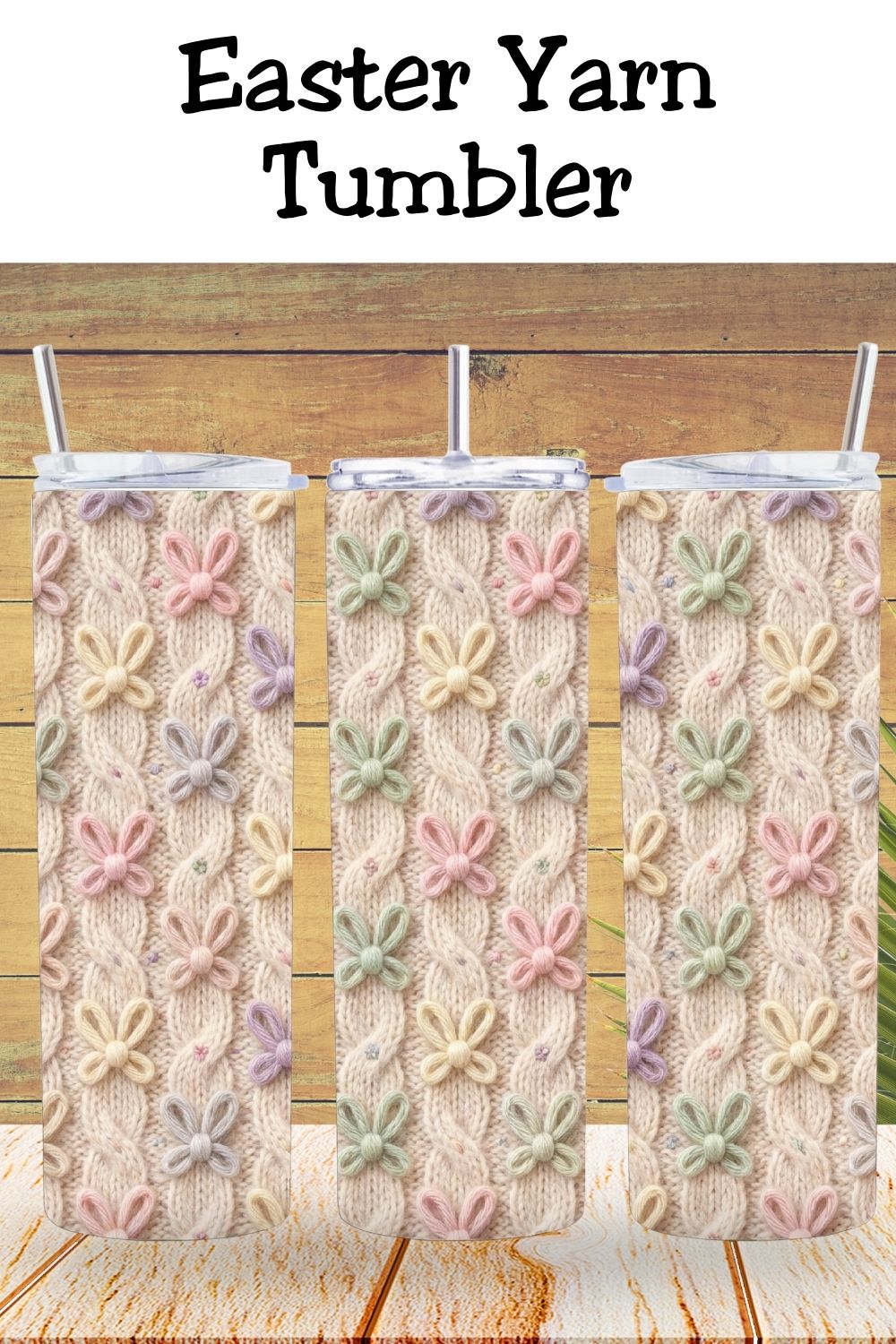 Easter tumbler wrap with pastel butterflies and cozy faux yarn cable knit texture. Seamless design for 20oz skinny tumblers—perfect for spring gifts, Easter baskets, and sublimation projects.