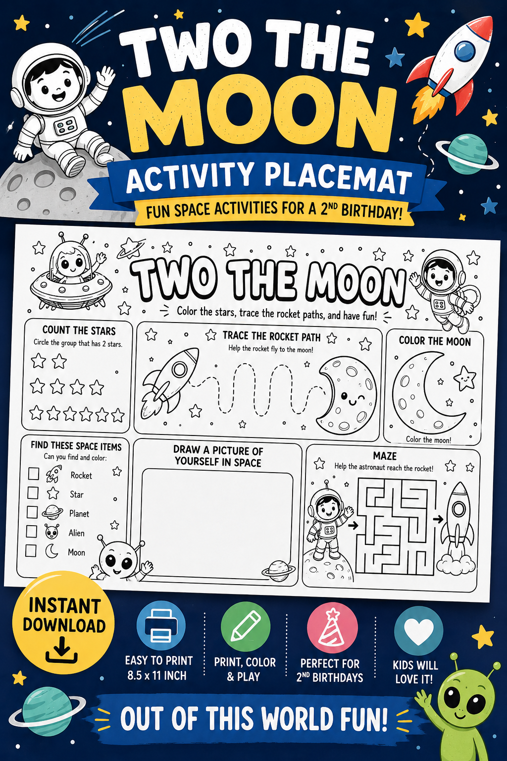 Throw the cutest Two The Moon birthday party with this printable outer space activity placemat! 🚀 Perfect for keeping toddlers and little party guests entertained during a 2nd birthday celebration with fun coloring, tracing, mazes, and space-themed activities.
This space birthday printable is easy to print at home and makes the perfect addition to astronaut birthday parties, moon birthday themes, kids activity tables, and party favor bags. Kids can color planets, trace rocket paths, complete a maze, and e