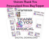 Thank You Personalizable Unicorn Candy Bag Topper Canva Template