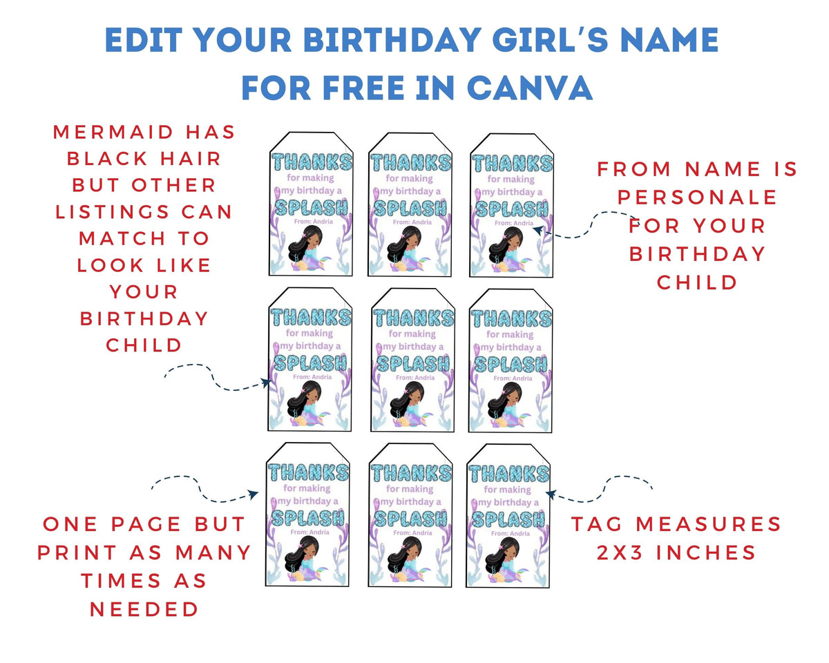 Little Mermaid Custom Name Thank You Gift Tag Canva Template Printable