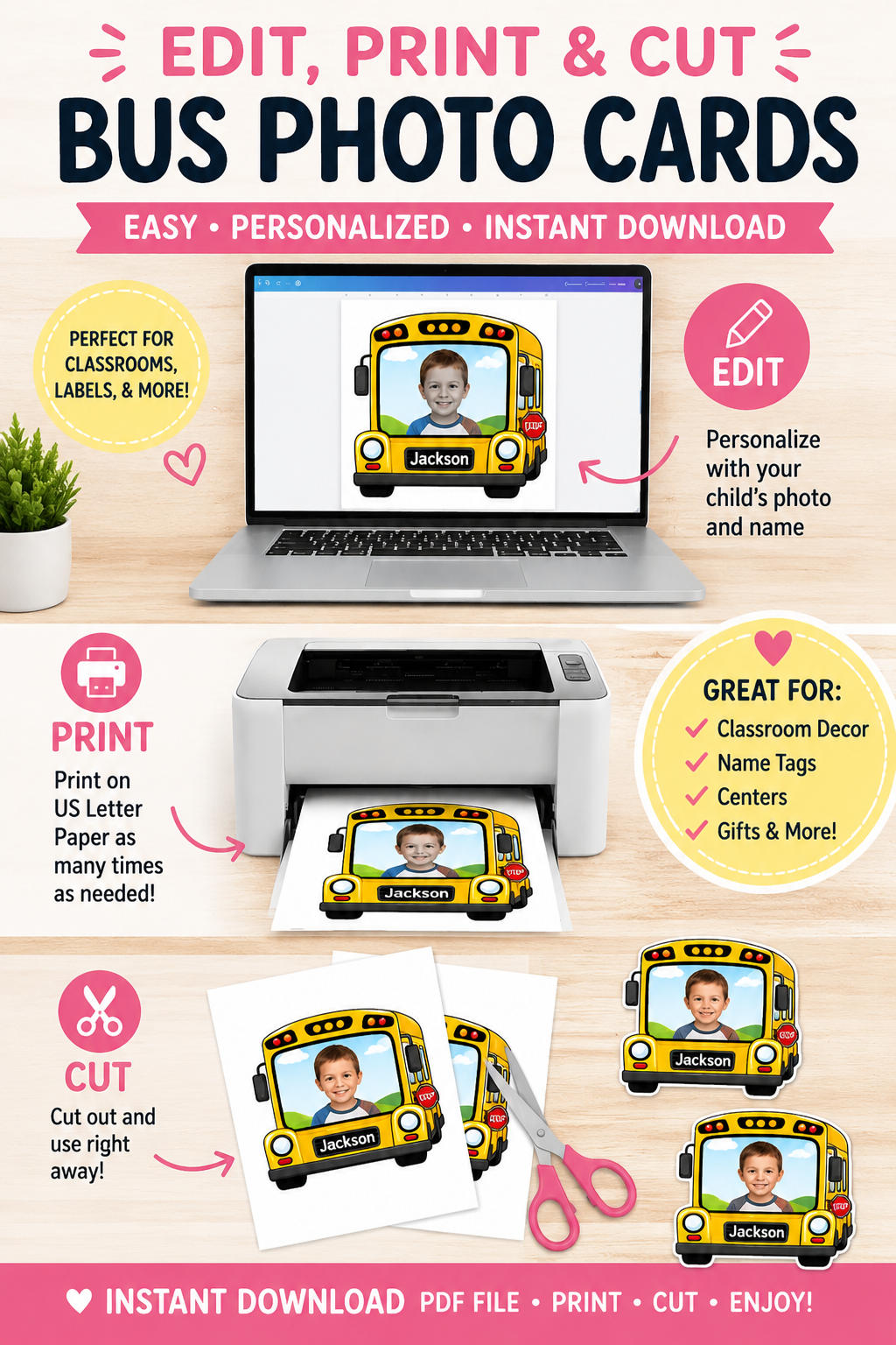 Editable School Bus Student Photo Frame Template, Printable Bulletin Board Display, Canva Classroom Decor