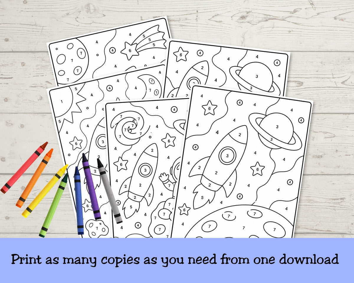 Space Color by Number Printable Set, Outer Space Kids Activity Pages, Space Birthday Party Games, Coloring Sheets for Kids
