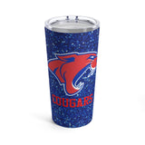Soar around school or work with this beautiful glitter Cougars tumbler perfect for showing your school pride.  Tumbler has a blue glitter background with an eagle spreading it's wings in the center.  Below graphic is the word "Cougars" in all red capital letters.