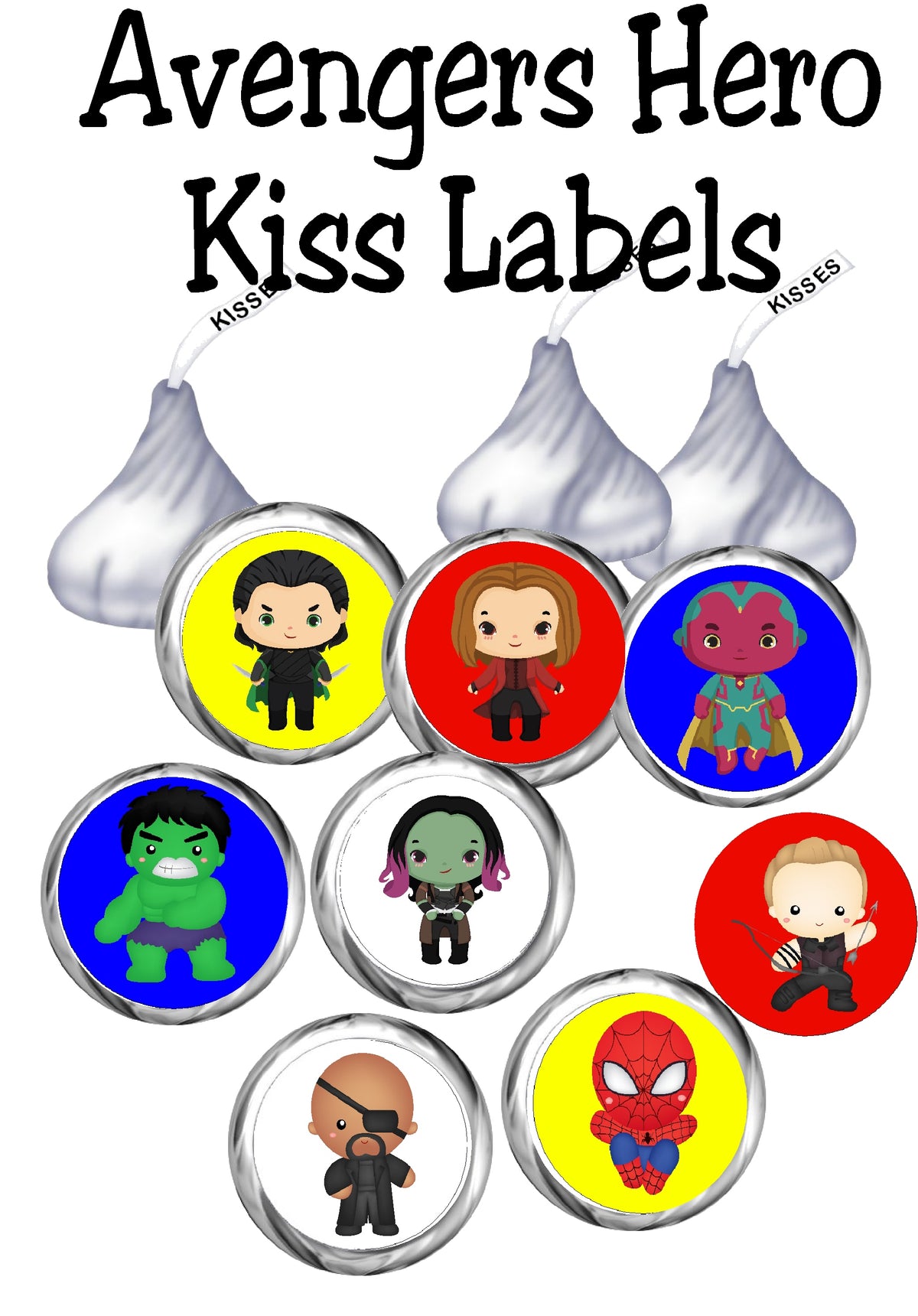 Save the day with these super kiss labels featuring your favorite heroes. Enjoy a sweet treat at your Avengers party or while enjoying movie night. This printable Avengers Kiss lables are the perfect addition to any super hero party. #avengers #kisslabels