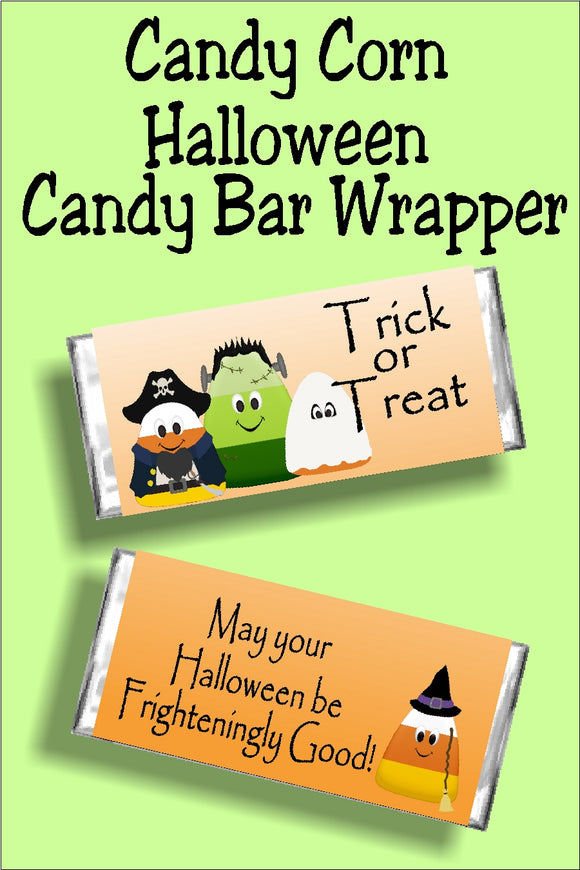 Have a frightening and fun Halloween when you give your friends and family this candy corn Halloween candy bar wrapper. This bar is a fun Halloween card, party favor, or treat for everyone in your group.  This candy bar wrapper has a white to orange gradiant background.  Graphics are candy corn figures dressed up for trick or treating.  Front of wrapper reads 