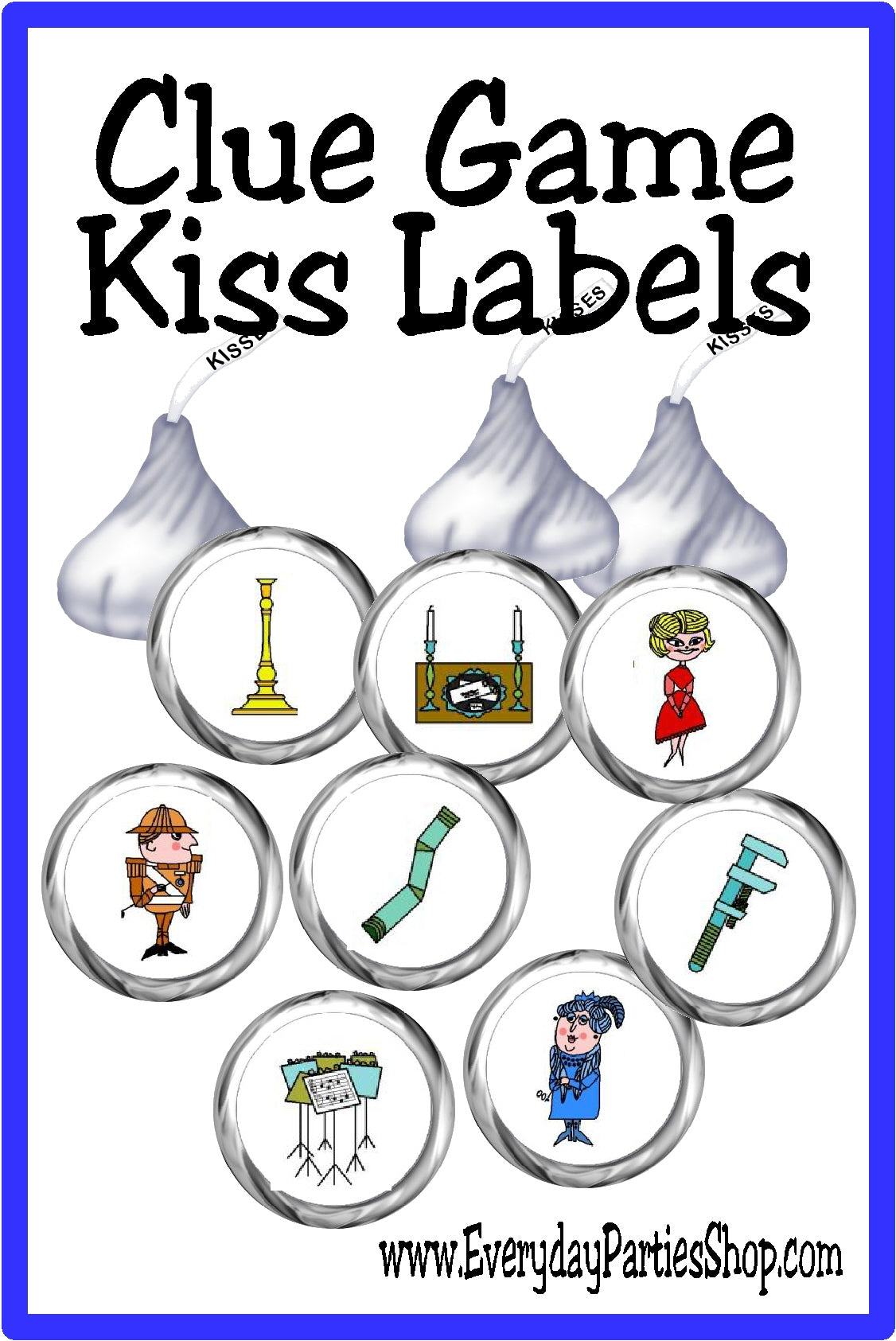 Bring Col. Mustard, Mrs. White and so many of the iconic pieces of the board game Clue. These Clue game kiss labels are the perfect addition to your game night party and treat table.