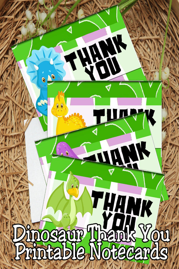 Say thank you to those who attended your Dinosaur party with these cute dinosaur printable thank you notecards.  Each notecard measures roughly 4x5 inches when folded and can be printed on card stock using your home printer.