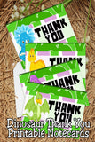 Say thank you to those who attended your Dinosaur party with these cute dinosaur printable thank you notecards.  Each notecard measures roughly 4x5 inches when folded and can be printed on card stock using your home printer.