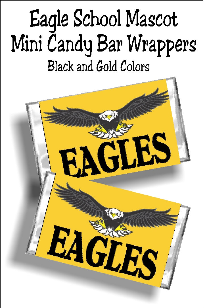Show your Eagle school spirit with these mini candy bar wrappers perfect for graduation or team spirit. Simply print and wrap around a Hershey mini candy bar wrapper and glue or tape shut for a fun team treat or party dessert for your sweets tables.