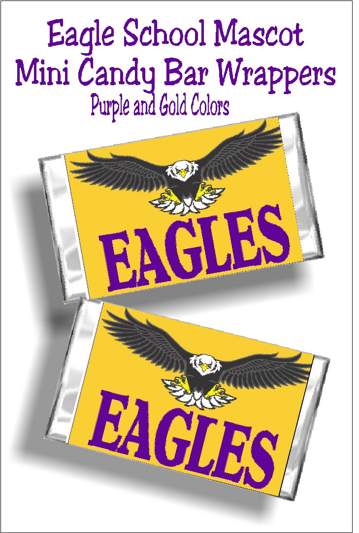Show your Eagle school spirit with these mini candy bar wrappers perfect for graduation or team spirit. Simply print and wrap around a Hershey mini candy bar wrapper and glue or tape shut for a fun team treat or party dessert for your sweets tables.