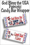 God bless the USA...Land that I Love  Bring a little bit of fun and patriotism to your 4th of July celebration with this patriotic candy bar wrapper.   Your guests will love this yummy candy bar favor at your 4th of July party.