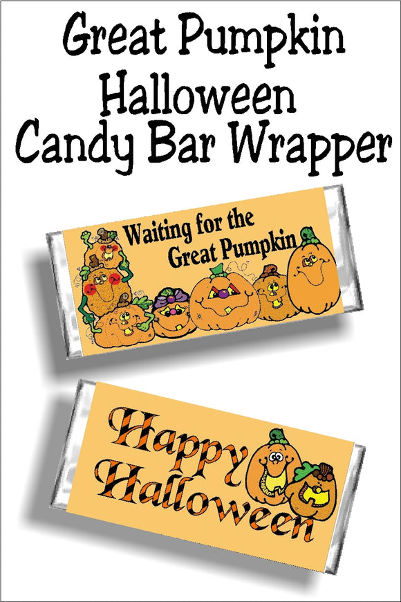 Enjoy a sweet treat as you are waiting for the Great Pumpkin to appear on Halloween night with this printable candy bar wrapper.  This Halloween candy bar is the perfect addition to your Charlie Brown Halloween party or for any Halloween party favor or treat. #halloweencandy #thegreatpumpkin #charliebrownhalloween